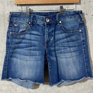 True Religion Emma Midrise Bermuda Raw Distressed Hem Denim Shorts Size 28 6